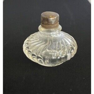 Vintage Antique Clear Glass Inkwell Bottle Ink Pot Brass Lid